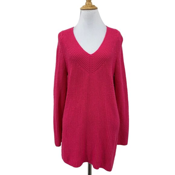 Lucky Brand Knit V Neck Tunic Sweater Women XS Extra Small Hot Pink Cotton Blend - Picture 1 of 12